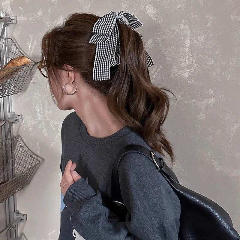 甜美格子蝴蝶结发夹后脑勺盘发抓夹女高级感香蕉夹发卡氛围感头饰
