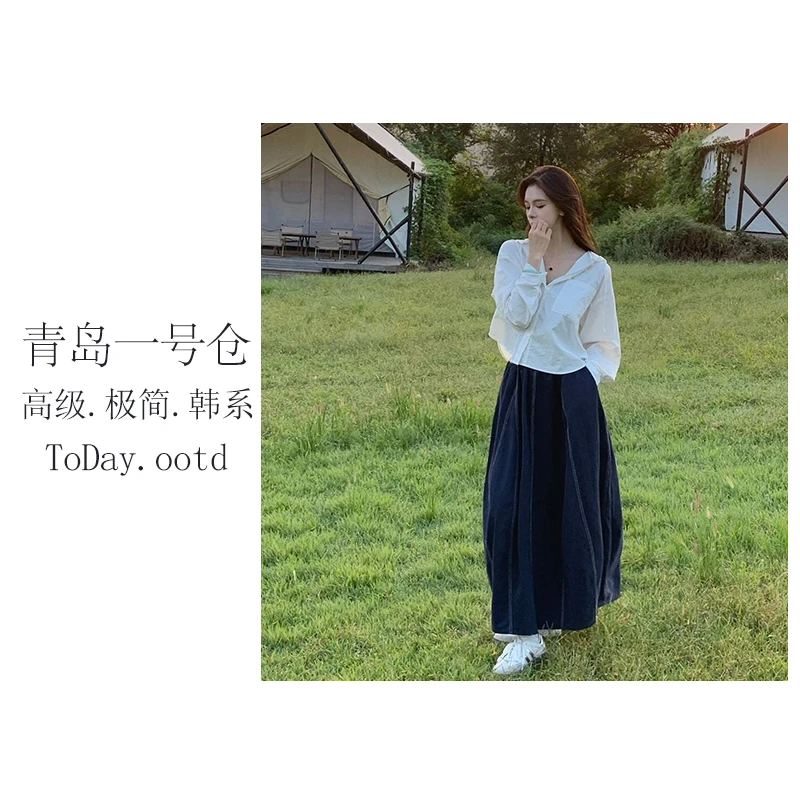 【轻盈浪漫】早春新品慵懒氛围感牛仔拼线花苞裙半身裙休闲-241229