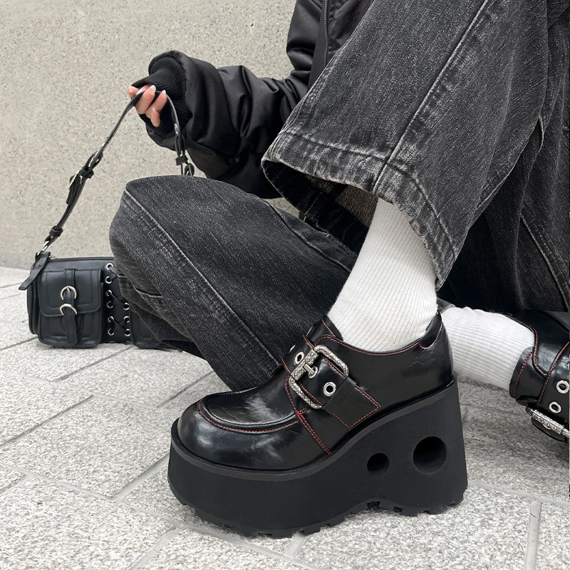 9CM小众设计超高跟深口单鞋春季新款圆头厚底坡跟一脚蹬休闲女鞋