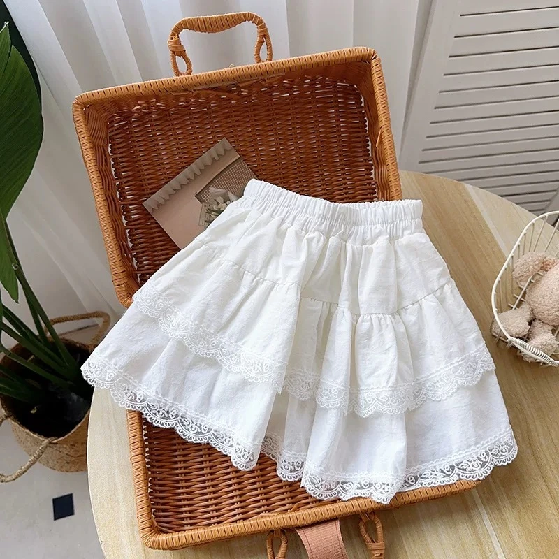 女童洋气韩版甜美花边蛋糕裙2025春夏新款百搭白色短裙全棉半身裙