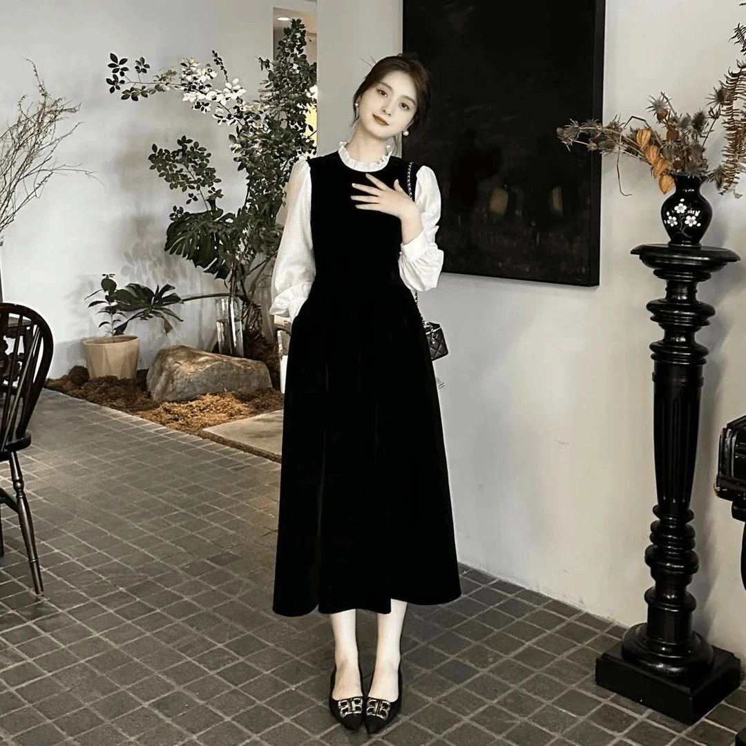 法式2024秋季百搭长袖中长款连衣裙气质拼接撞色气质小黑裙