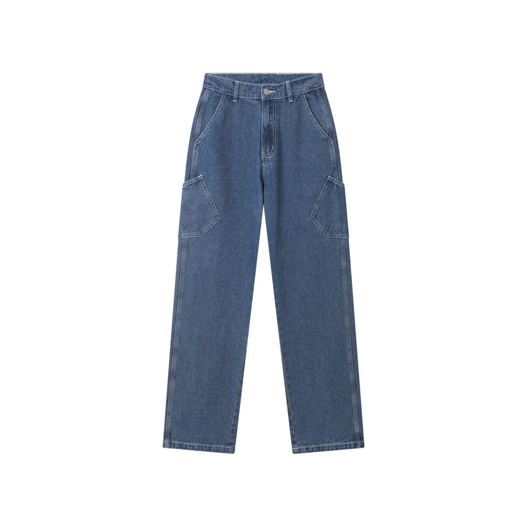 【梨形挚爱】LAVALAND 显瘦高腰多口袋工装直筒复古正蓝色牛仔裤