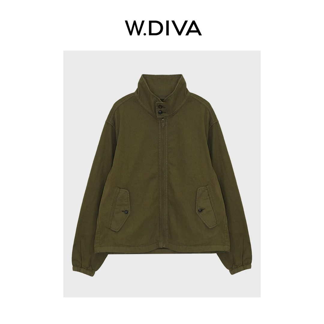 W.Diva【律曲】港风亚麻哈灵顿夹克个性拉链立领外套老钱53C182465