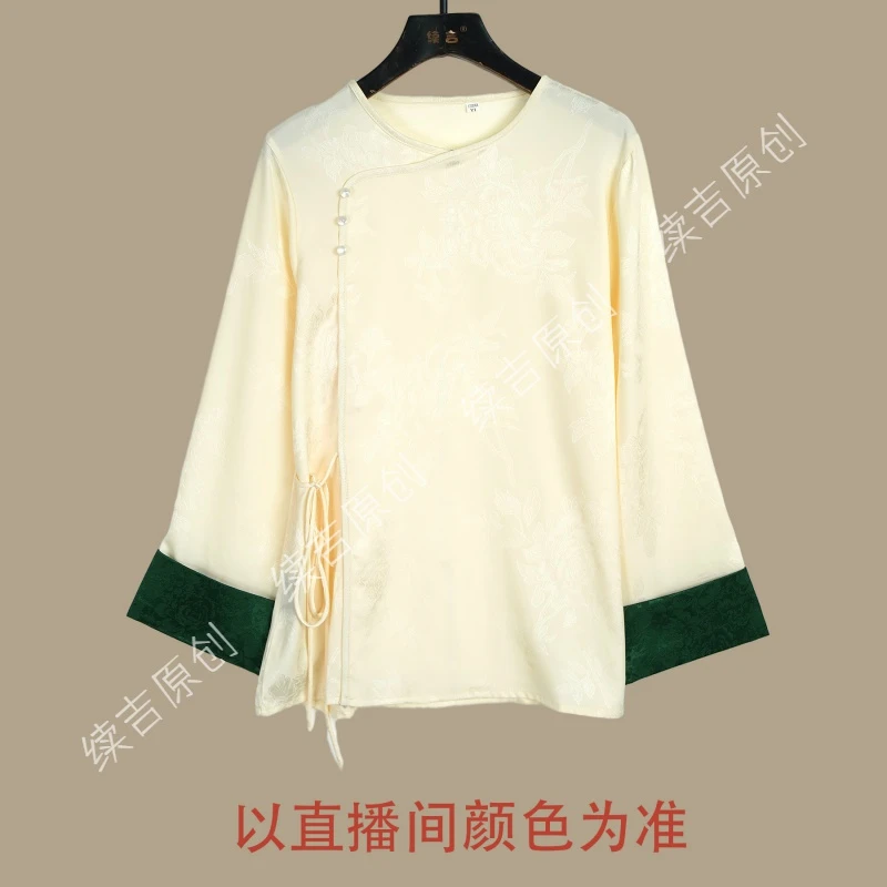 续吉出品4684｜客订款｜国风缎面提花斜门襟翻袖小衫上衣宽松长袖女