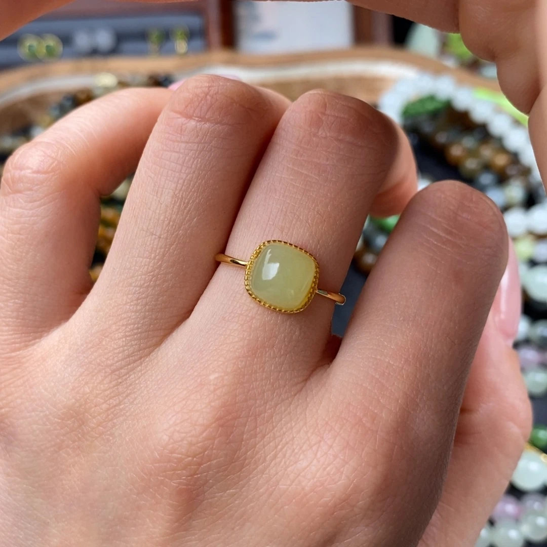 和田玉若羌黄口戒指银S925镶嵌