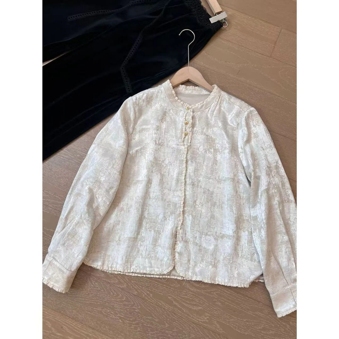 玖了个玖 2025早春重磅款肌理感花边拼接锁边衬衫 2412B6266