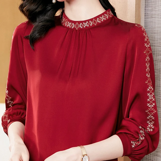 红色本命年衬衫女士高端小衫新款雪纺上衣洋气时尚中装高级感衬衣