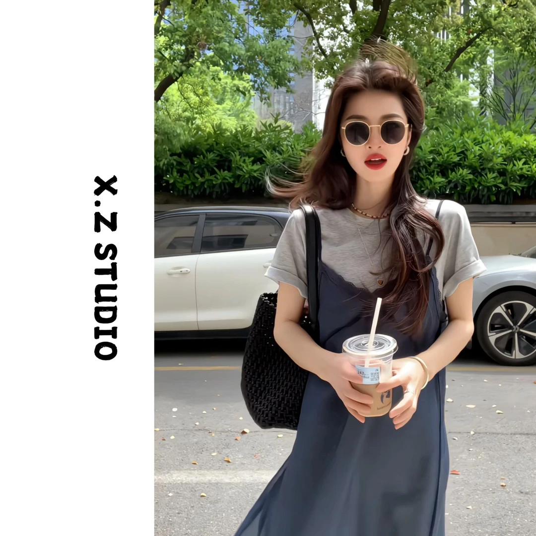 X.ZHEN【简约短袖T恤+欧根纱吊带连衣裙两件套】时尚潮流两件套套装
