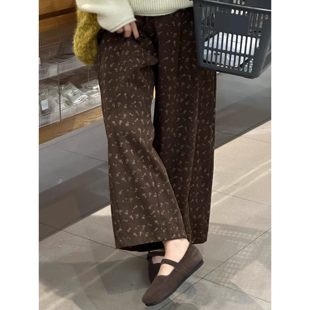 美拉德棕色碎花加绒裤子女大码胖mm灯芯绒九分阔腿裤小个子休闲裤