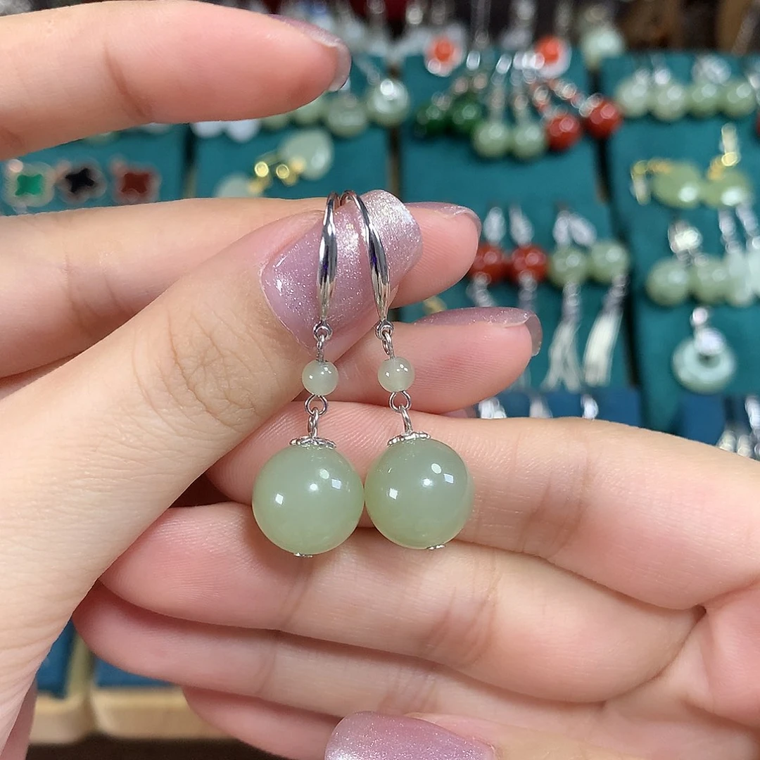 和田玉银S925镶嵌耳饰天然卡12mm左右冰晴水