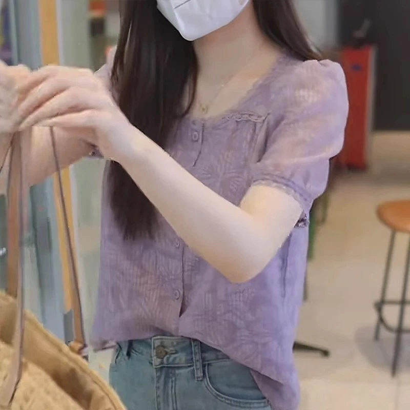 2025新款夏季紫色泡泡袖衬衫女高级感轻奢减龄洋气宽松显瘦上衣