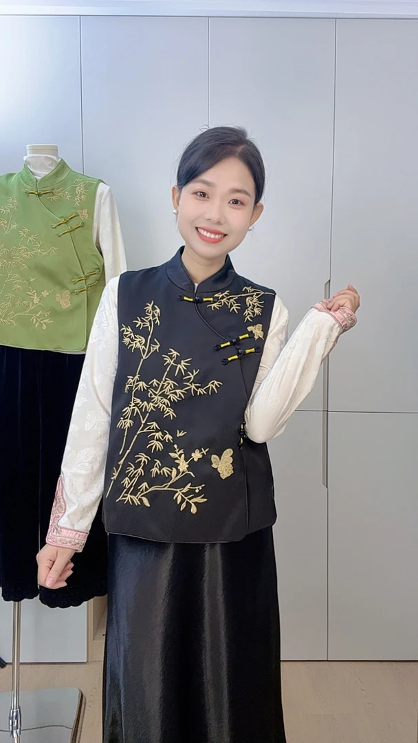[竹韵]新中式国风秋季新款重工刺绣马夹显瘦复古洋气斜襟四色马甲