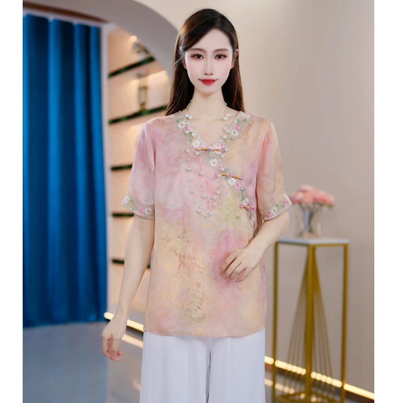 【KL-X255】短袖提花套头常规款夏装薄款宽松夏季纯色中国风上衣