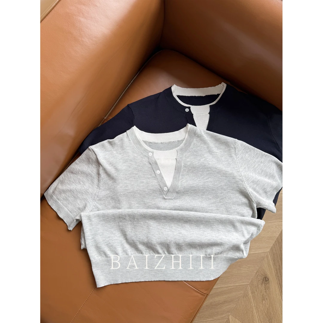 BAIZHI「假两件polo圆领」夏季薄款亚麻莱赛尔老钱清爽男士短袖