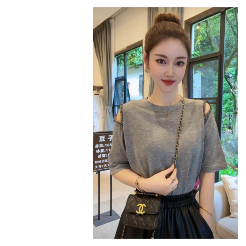 夏季短袖t恤女2025新款个性时尚洋气舒适露肩设计感小众上衣