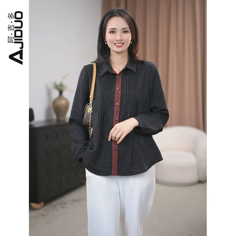 阿吉多A22319黑色长袖翻领衬衫女2025秋装新款气质龟裂纹大码上衣