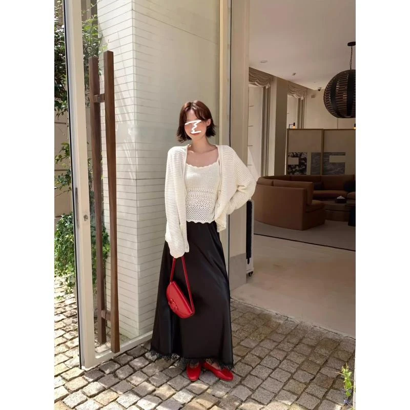 温柔风法式套装镂空针织开衫吊带背心两件套女秋季蕾丝花边半身裙