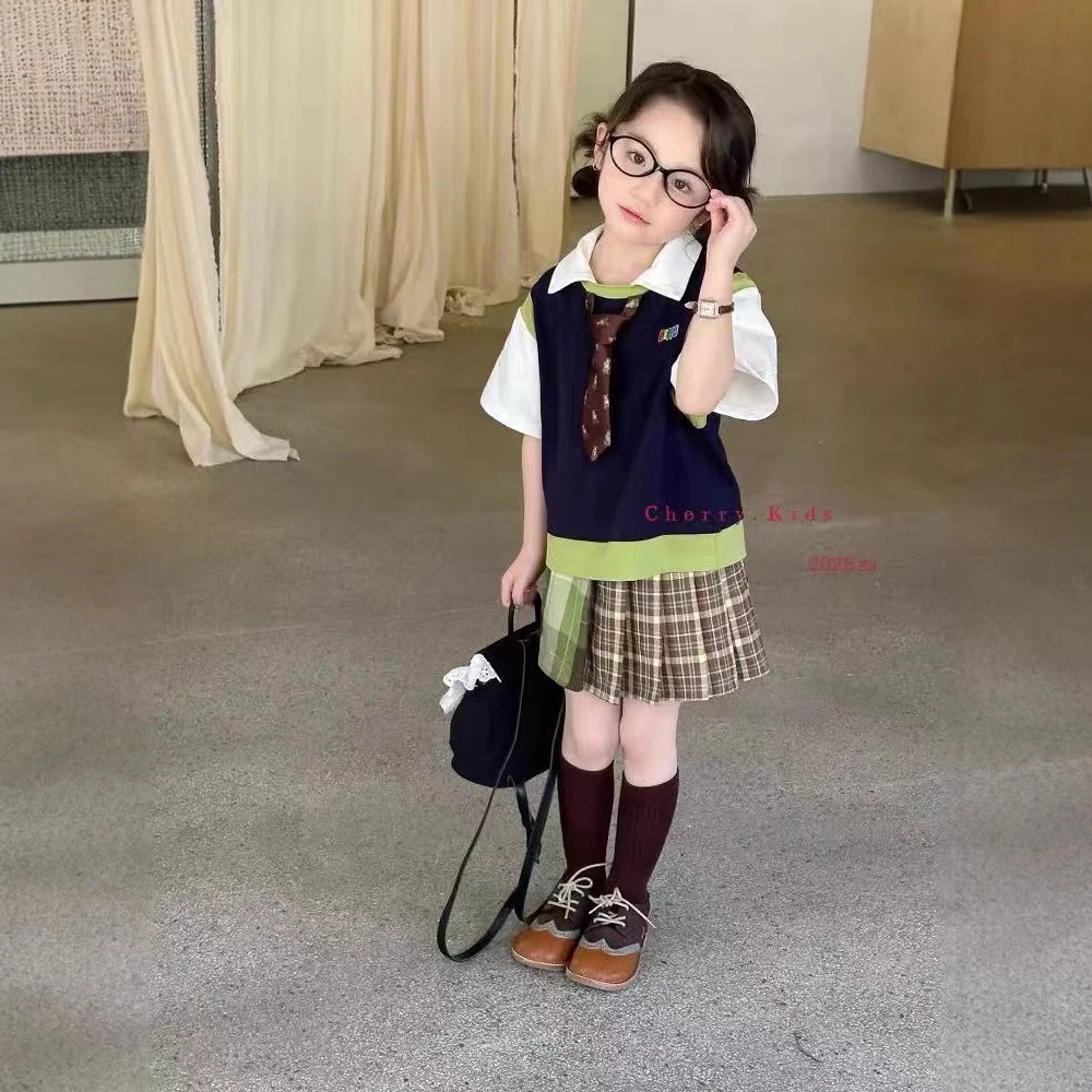 女童套装夏季新款女宝宝学院风短袖polo衫百褶裙百褶裙500335