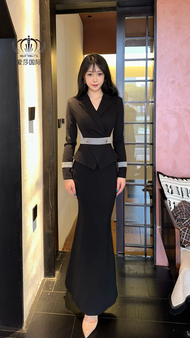 SHABA/莎芭轻奢黑色千鸟格气质修身连衣裙新年大促