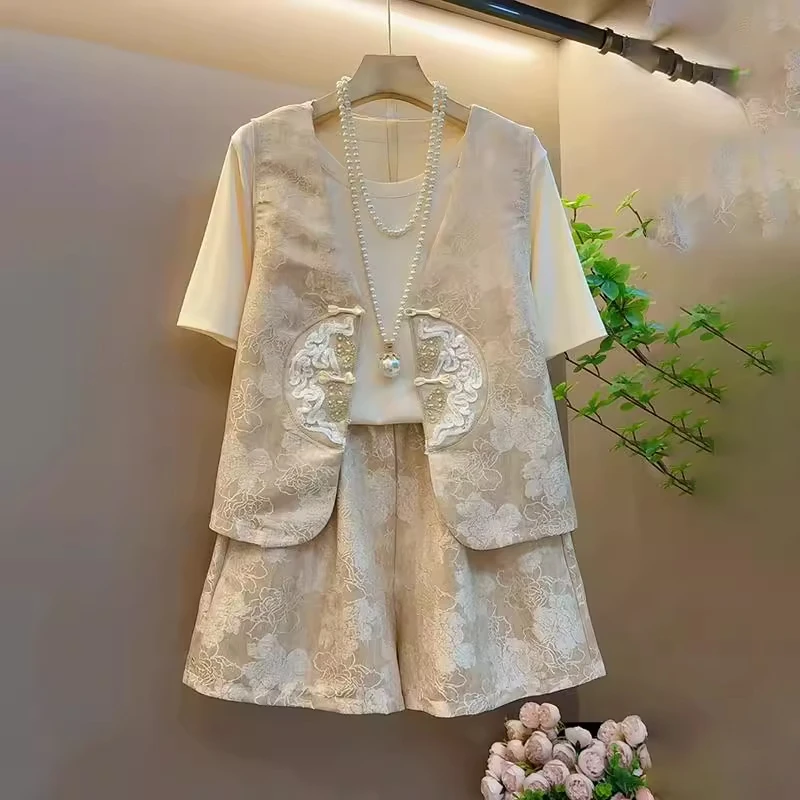 2025夏季新款女士国风新中式复古时尚套装提花马甲休闲短裤三件套