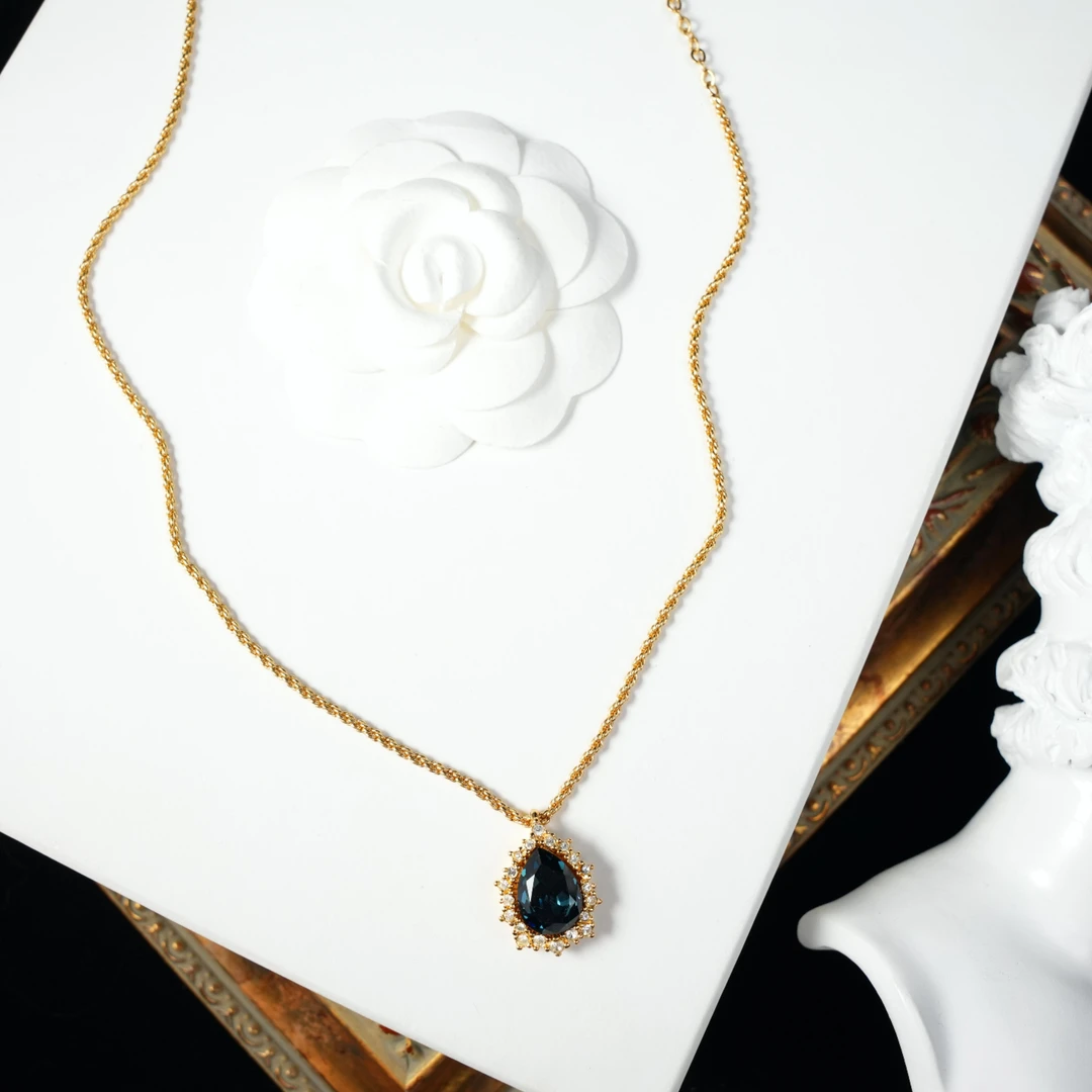 95新 DIOR/迪奥 柚礼中古/迪奥水滴蓝色莱茵石项链LZ506087