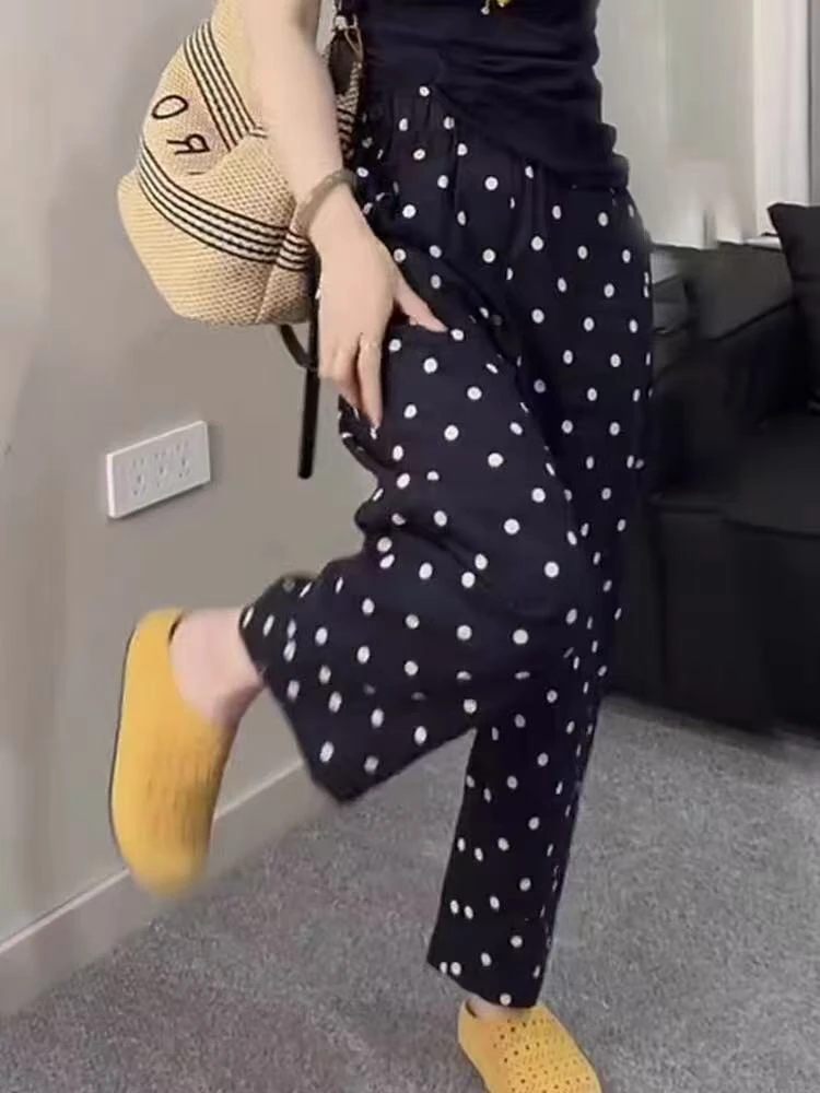 夏季薄款高腰显瘦波点九分直筒麻料休闲女裤减龄百搭8730