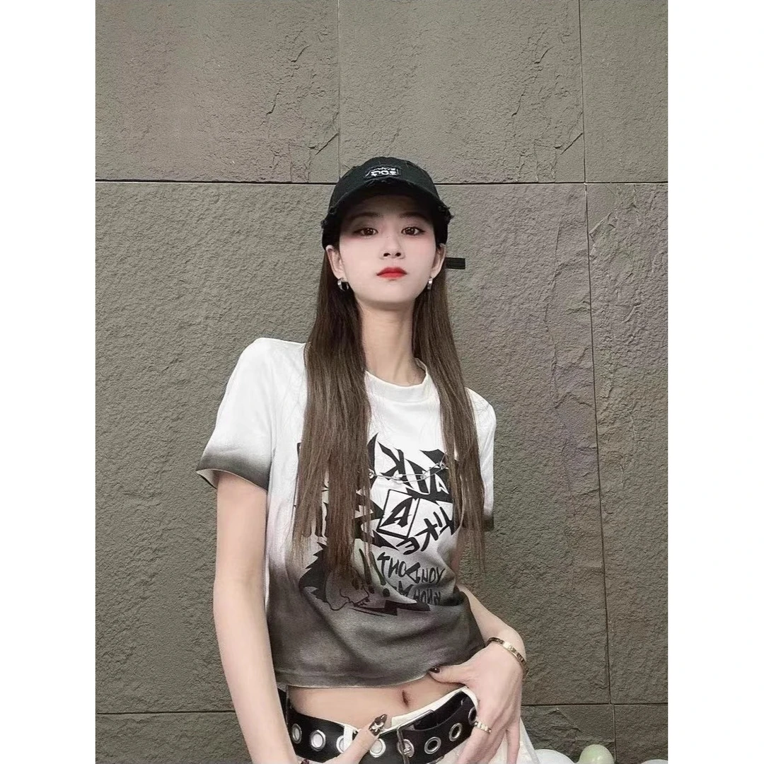 美式设计渐变短袖T恤女2025夏季韩国女装辣妹显瘦小众百搭上衣