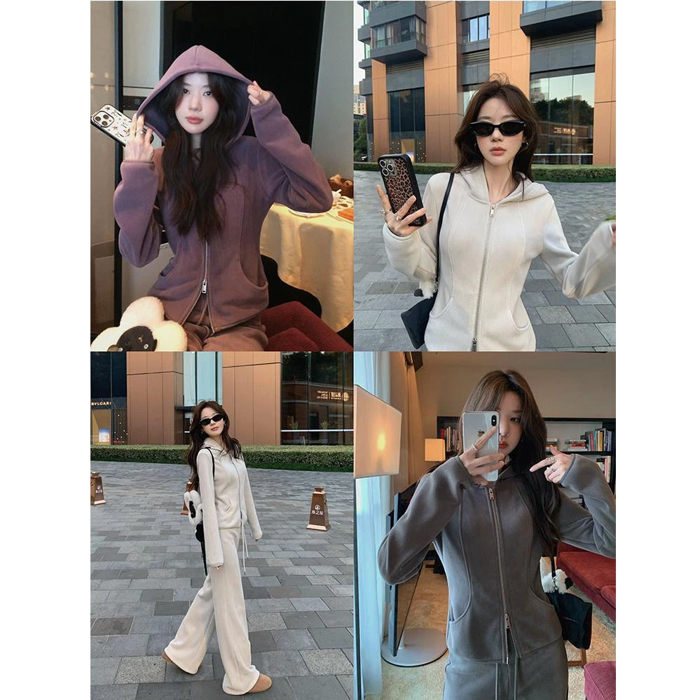 秋冬季曲线塑形显瘦双面奥粒绒修身塑形卫衣外套+阔腿裤两件套装