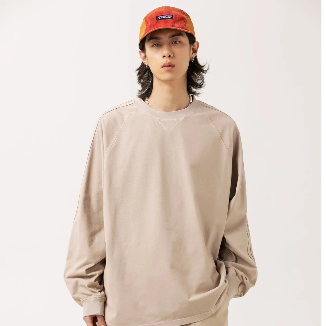 淮木HUAIMU美式高街复古休闲重磅圆领长袖T恤纯棉宽松纯色打底衫