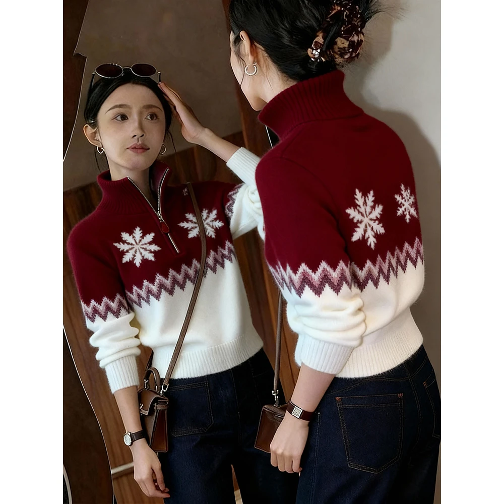 秋冬新年红色费尔岛提花拉链翻领毛衣女小个子减龄百搭软糯针织衫