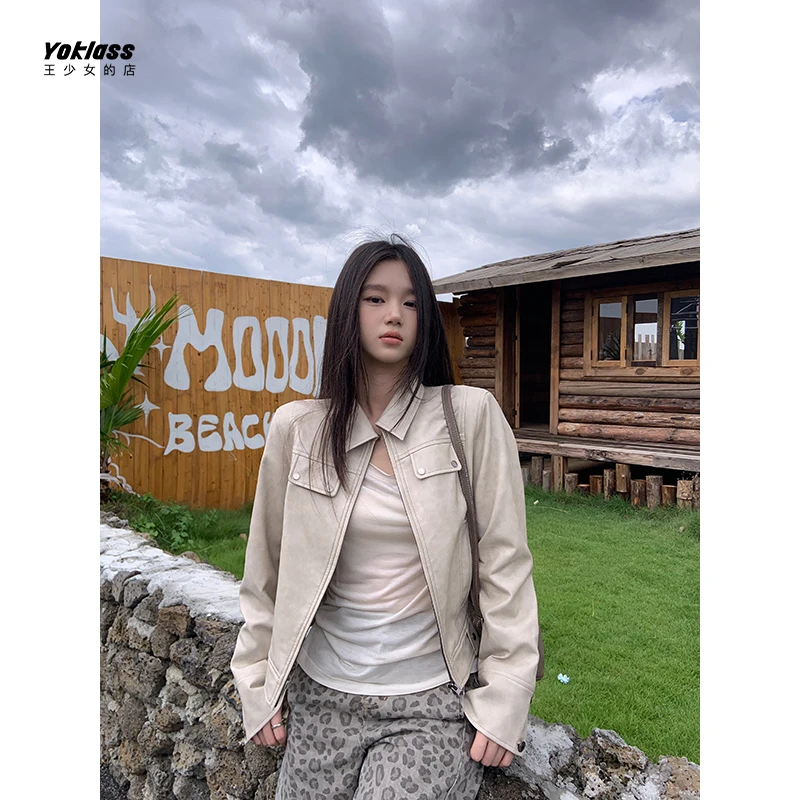 YOKLASS少女家 杏色短款宽松长袖皮衣早时尚潮酷外套 P36235S53