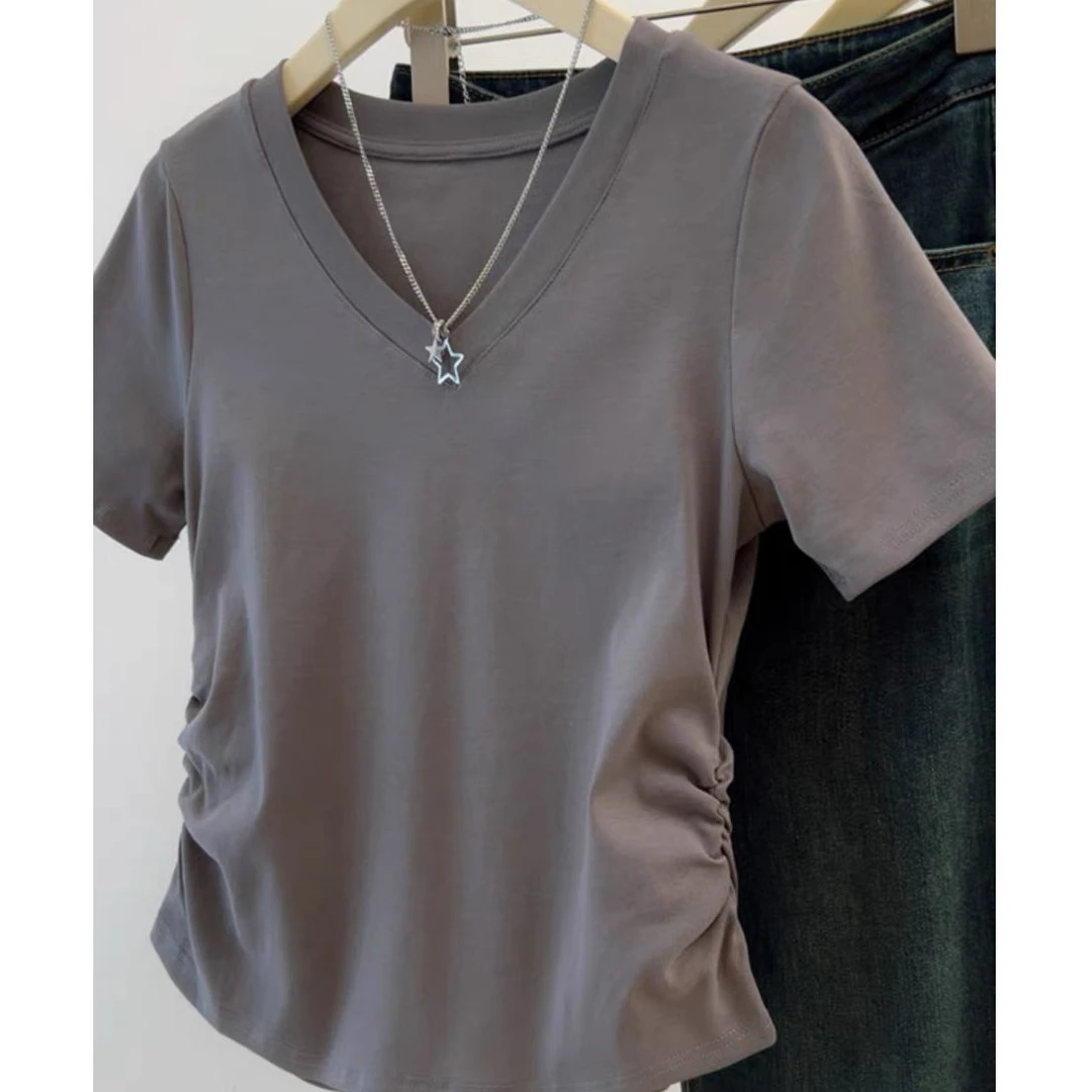 正肩V领短袖T恤女夏新款大码胖mm别致小衫不规则收腰上衣