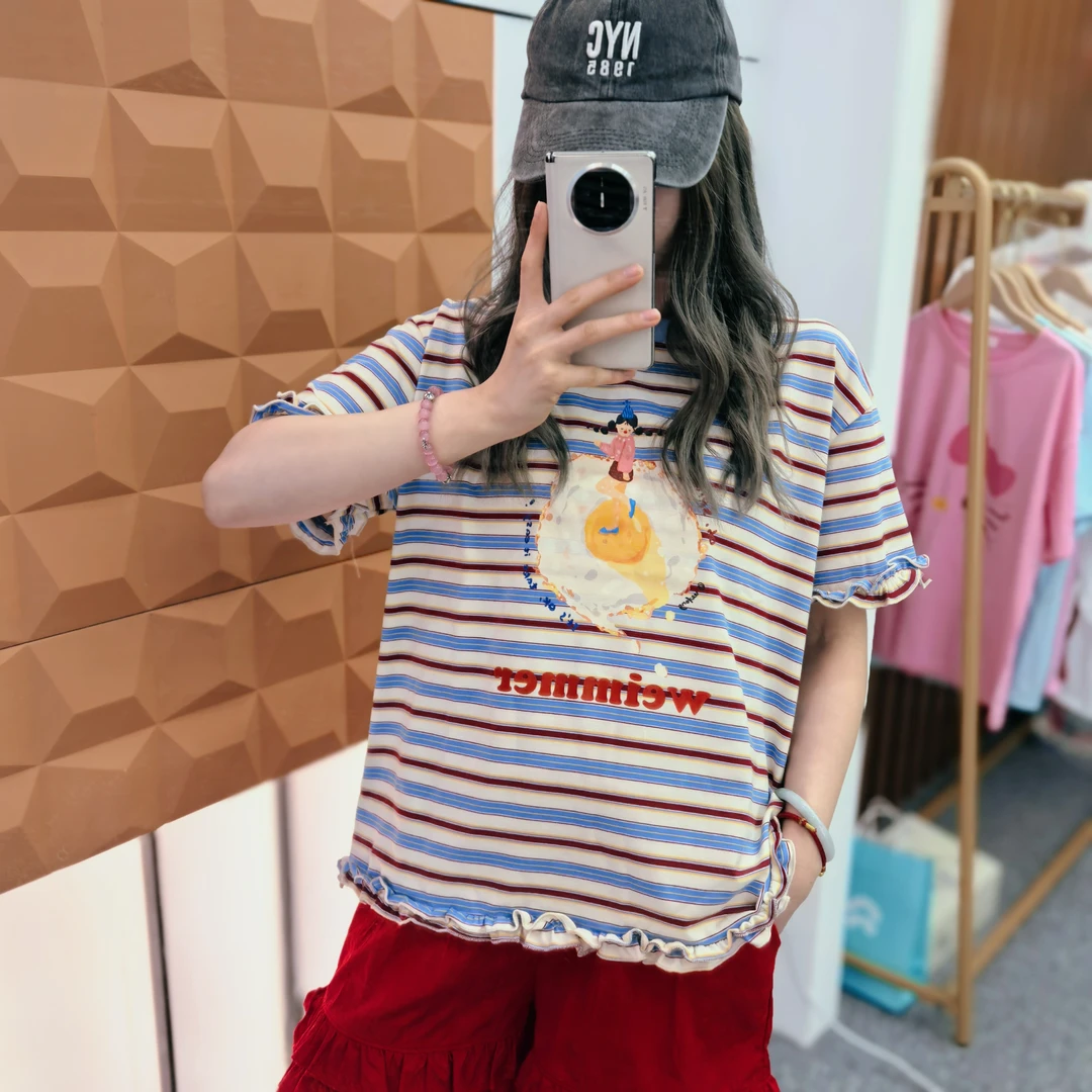 小个子 25夏季美式设计款撞色条纹荷包蛋花边减龄显瘦短袖T恤
