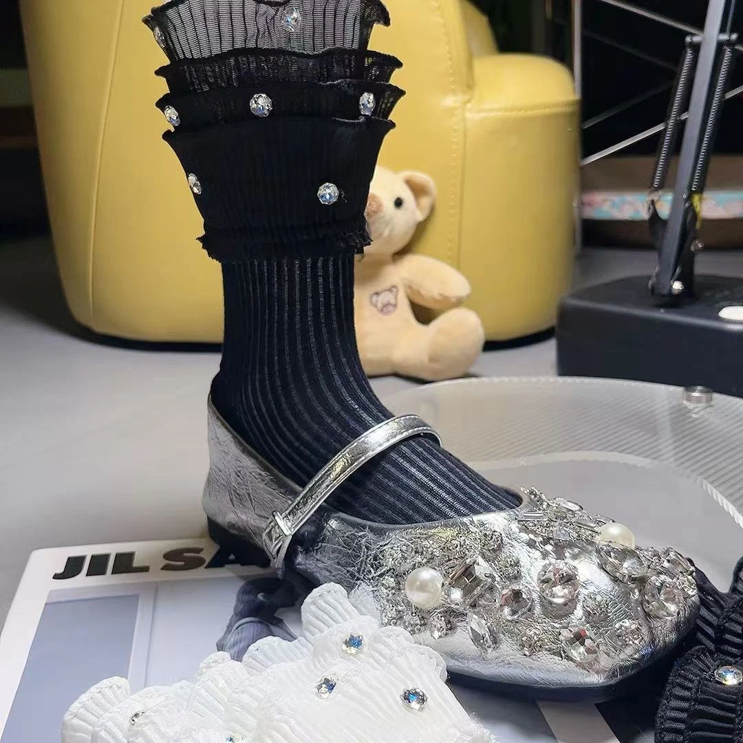 春夏新款四层欧根纱水钻甜美少女风高筒堆堆袜