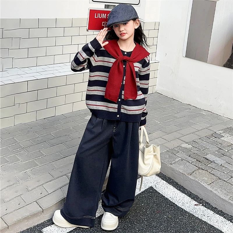 女童毛衣开衫春秋套装2025新款儿童洋气针织衫女大童秋季条纹外套