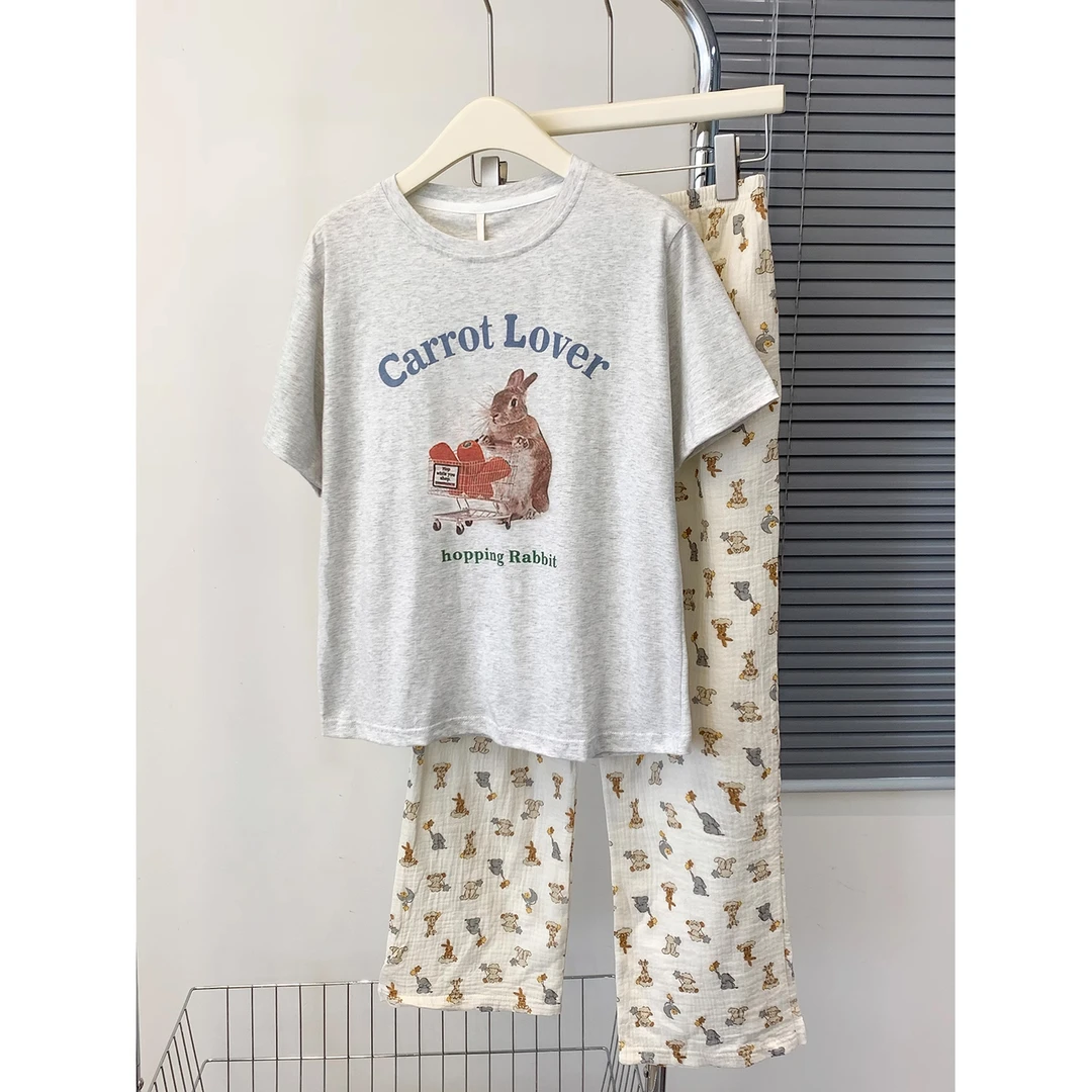 2025可爱小兔印花短袖睡衣女夏季棉纱睡裤家居服休闲长裤套装外穿