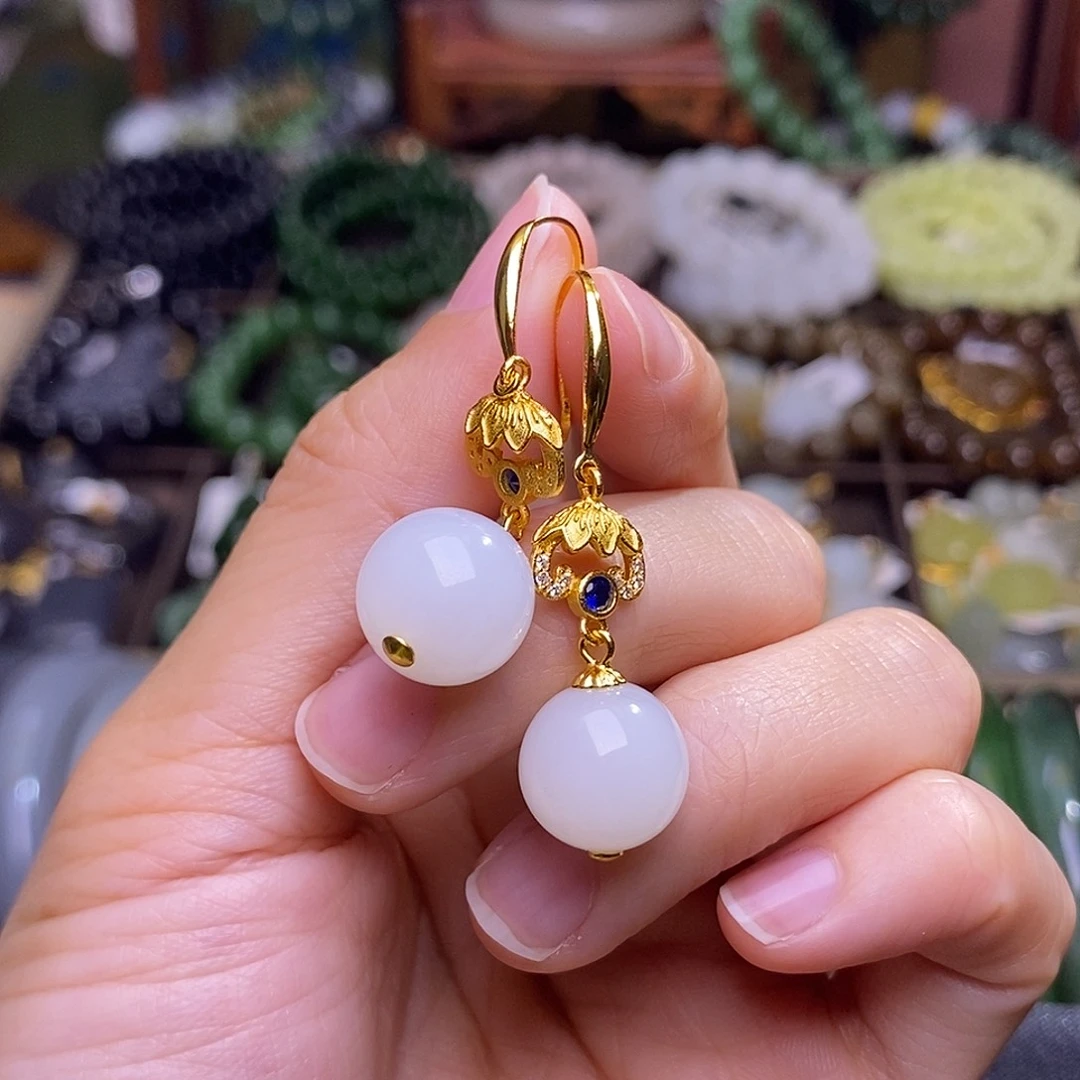 和田玉未镶嵌颈饰多样性发一 925.银白玉耳环