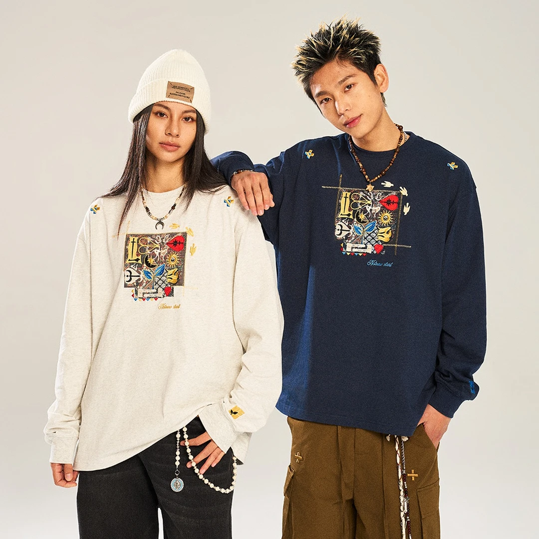 NSTNEW START发芽计划贴布刺绣美式复古潮牌宽松百搭圆领套头长袖