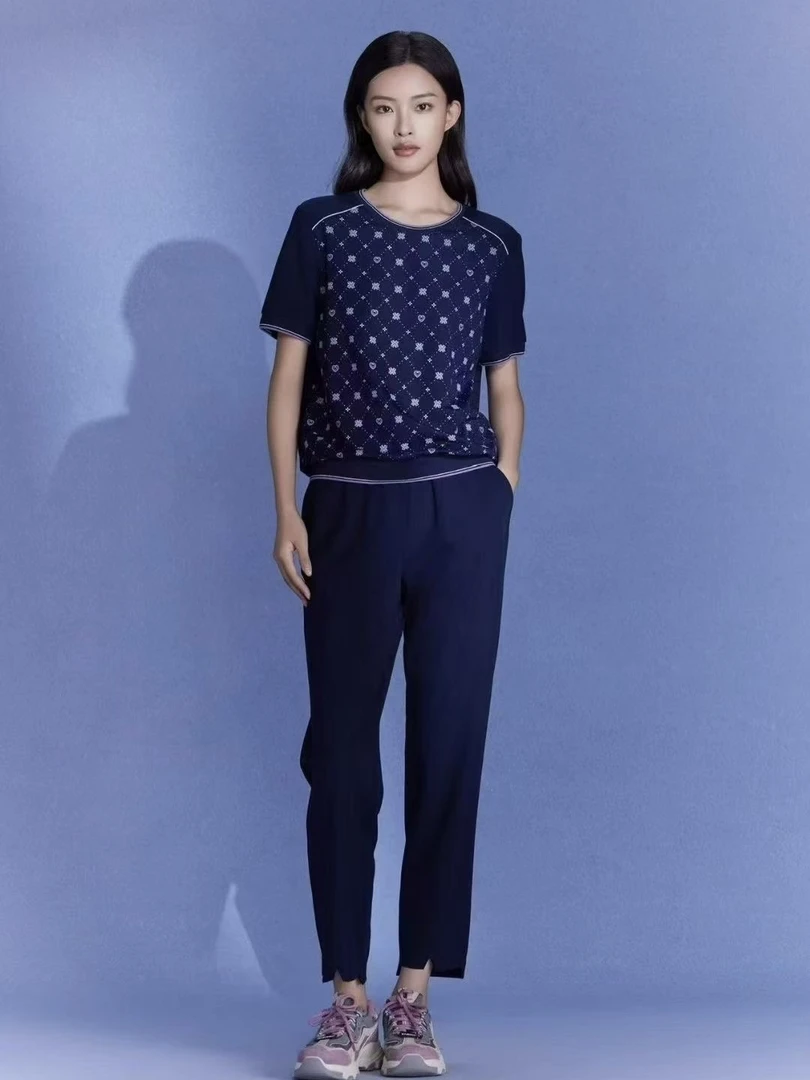 夏季短袖字母T恤上衣运动休闲两件套装宽松大码舒适显瘦蓝色春夏