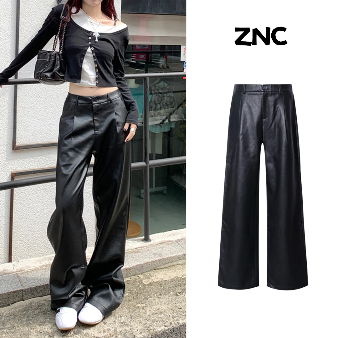 哲娜纯高腰显瘦黑色休闲PU皮裤子女2025秋冬百搭宽松直筒拖地长裤