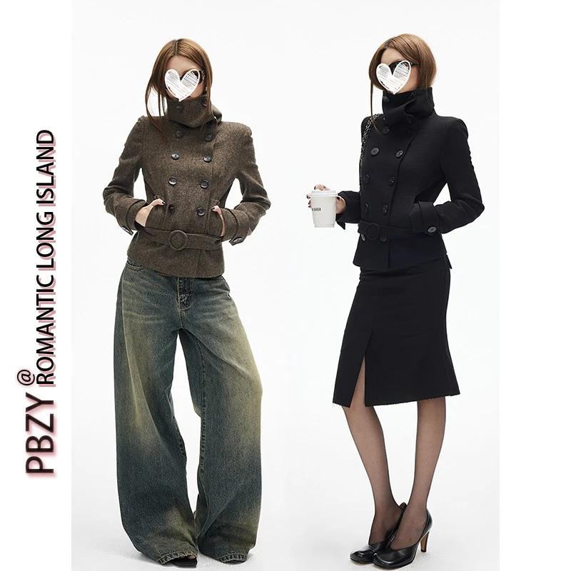【带同料腰带】大翻领多穿法双排扣短款微宽松毛呢外套女秋冬9183#