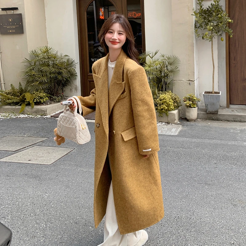 蓝海奕诺姜黄色双面呢羊毛大衣女冬季2024年新款长款西装毛呢外套