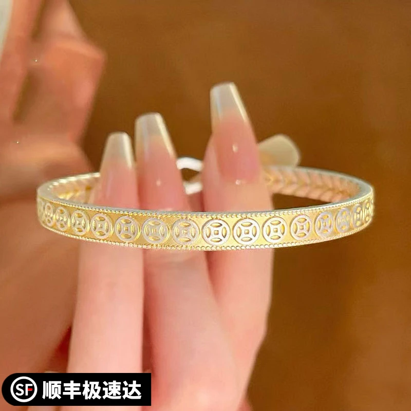 银9999铜钱葫芦手镯描金新中式款镯子开口实心国风2025新款礼物