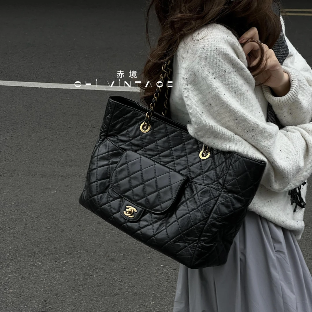 95新 Chanel/香奈儿 4439 黑金油蜡皮孟买托特单肩包14-15