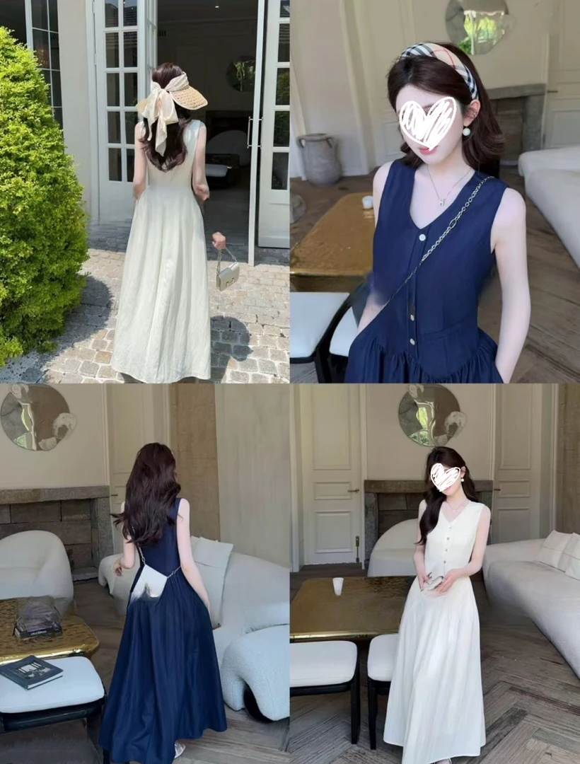 【普罗旺斯】气质女神范无袖v领连衣裙收腰显瘦长裙Q68