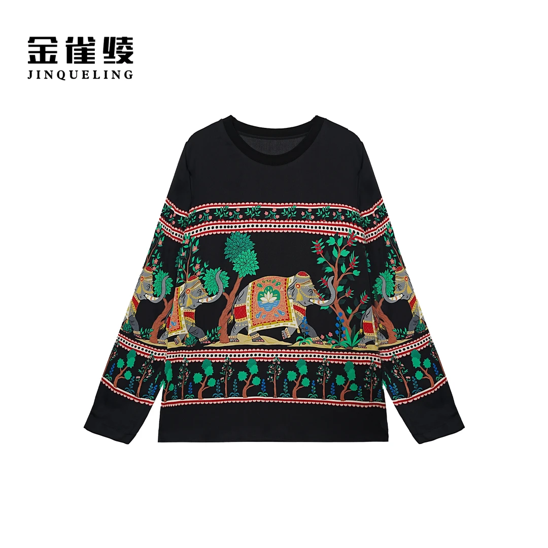 金雀绫【喜象升平】桑蚕丝设计师款亲肤透气加宽加大T恤SZA3SL803