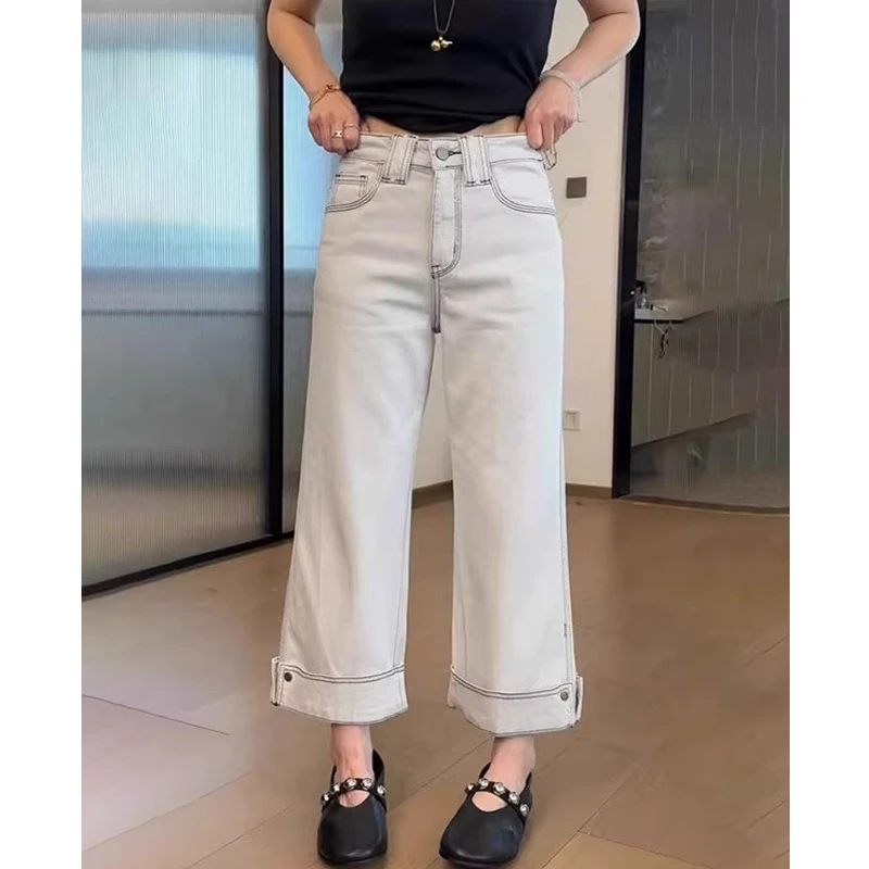 小个子月光灰窄版阔腿牛仔裤女夏季2025年新款休闲九分卷边直筒裤