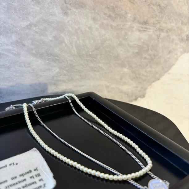 铜合金仿珍珠项链 双层圆形蓝字母项链XL3432（两条）