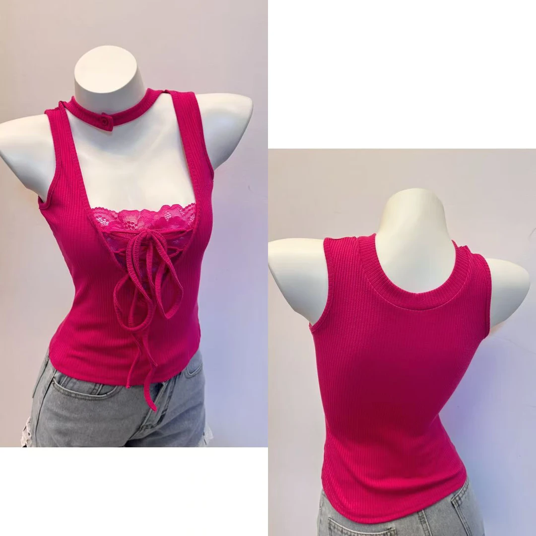 （浠儿家） 热浪霓虹 蕾丝拼接绑带吊带上衣纯欲辣妹风露背挂脖背心