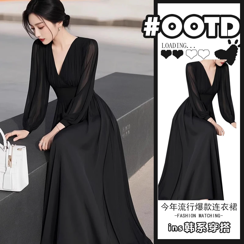 时髦精上流社会气质女神范轻奢雪纺裙高级感端庄大气黑色连衣裙潮